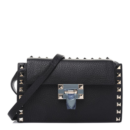 Valentino Garavani Pebbled Calfskin Small Rockstud Overlay Flap Shoulder Bag Black 1 of 11
