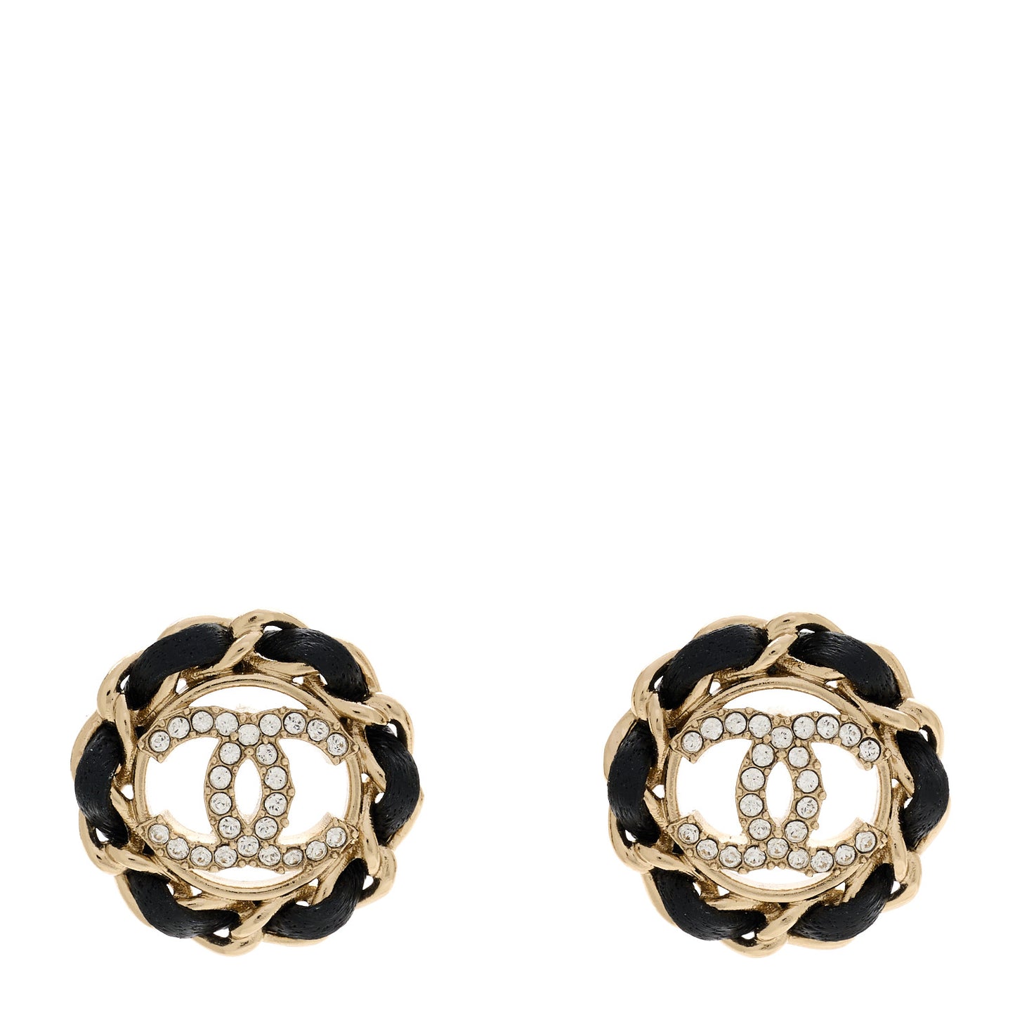 Crystal Lambskin Chain CC Stud Earrings Black Gold