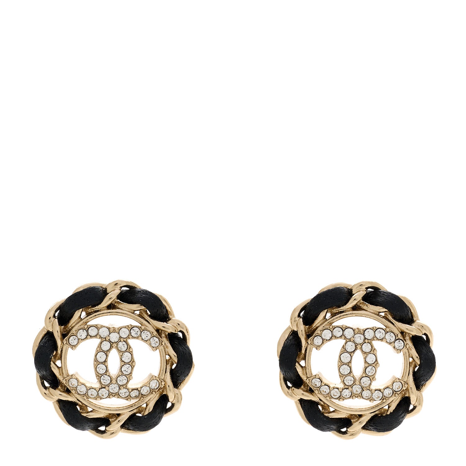 Chanel Crystal Lambskin Chain CC Stud Earrings Black Gold 1 of 5