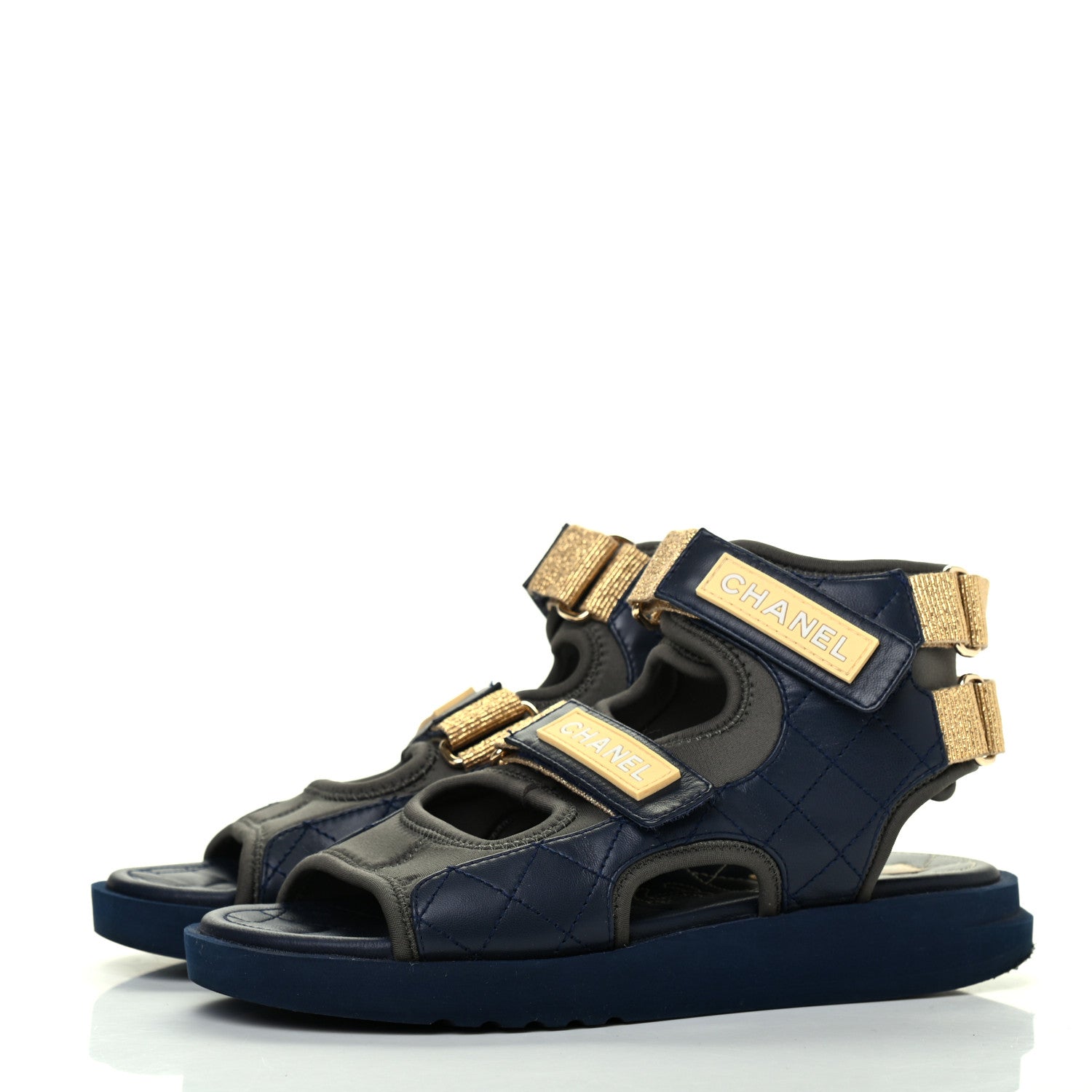 Chanel Goatskin Fabric Gladiator Sandals 36 Navy Blue Light Grey Yellow 3 of 11