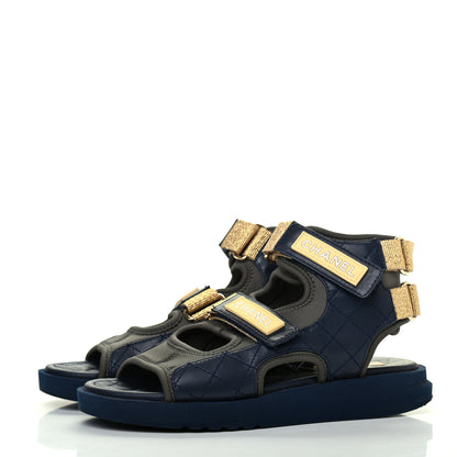 Chanel Goatskin Fabric Gladiator Sandals 36 Navy Blue Light Grey Yellow 3 of 11