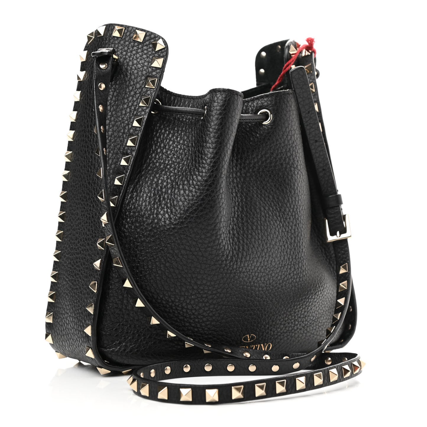 Grained Calfskin Rockstud Bucket Bag Black