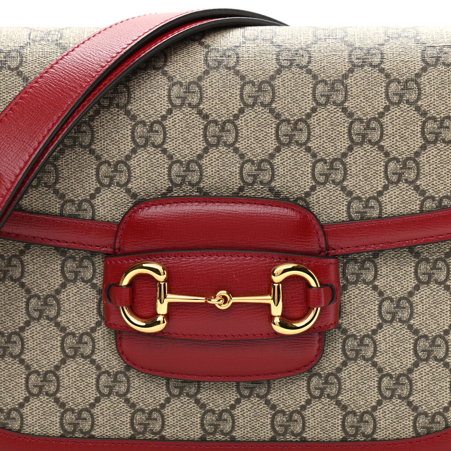 GG Supreme Monogram Azalea Calfskin Horsebit 1955 Shoulder Bag Beige Ebony New Cherry Red