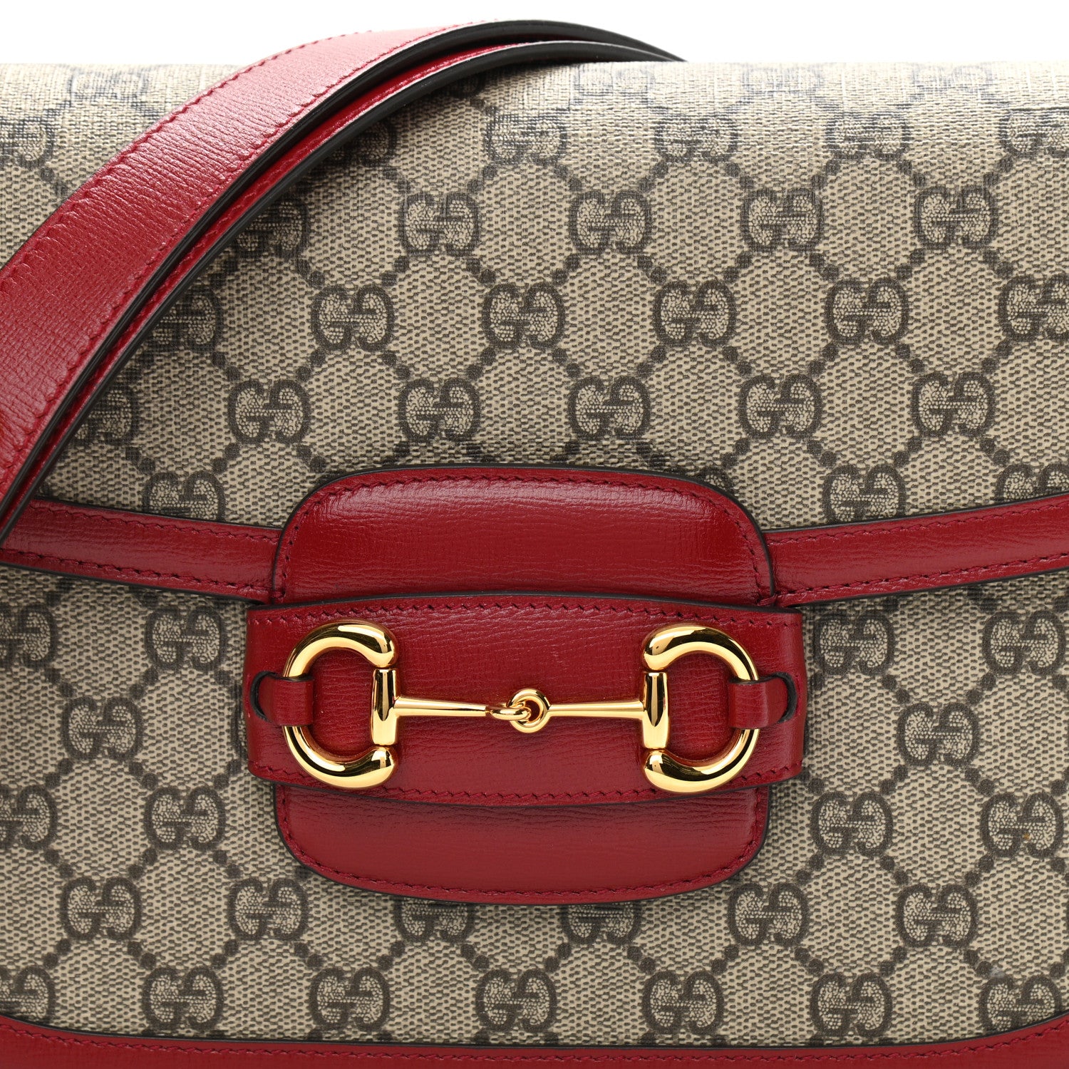 Gucci GG Supreme Monogram Azalea Calfskin Horsebit 1955 Shoulder Bag Beige Ebony New Cherry Red 9 of 15