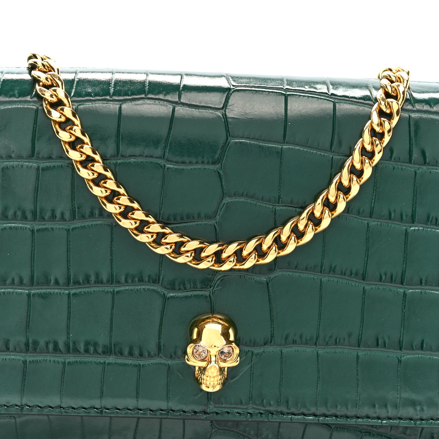Alexander McQueen Calfskin Crocodile Embossed Skull Mini Crossbody Bag Green 7 of 9