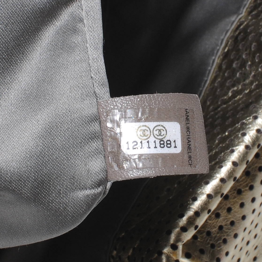 Metallic Crackled Calfskin Perforated Drill Shoulder Bag Gold