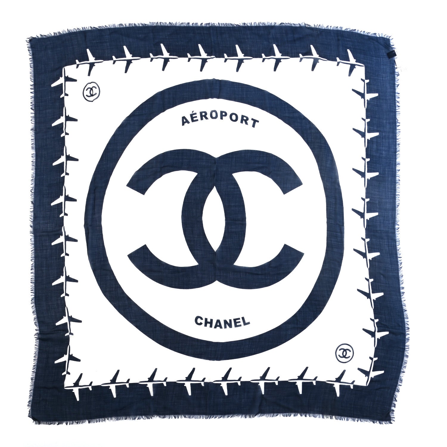 Chanel Cashmere Aeroport Print CC Logo Fringe Scarf White Navy Blue 1 of 3