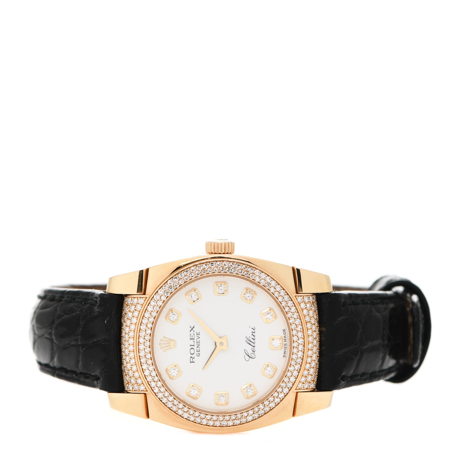 Rolex 18K Yellow Gold Alligator Diamond Bezel 26mm Cellini Quartz Watch White 6311 2 of 6