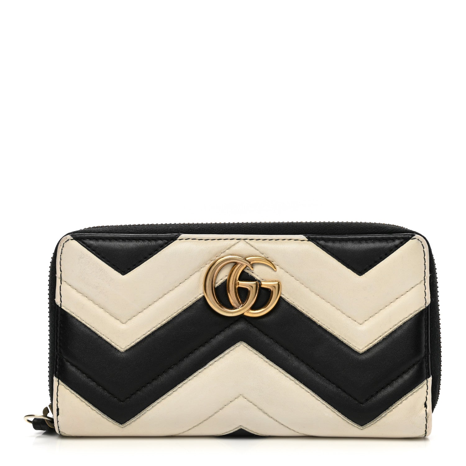 Gucci Calfskin Matelasse GG Marmont Zip Around Wallet Black White 1 of 10