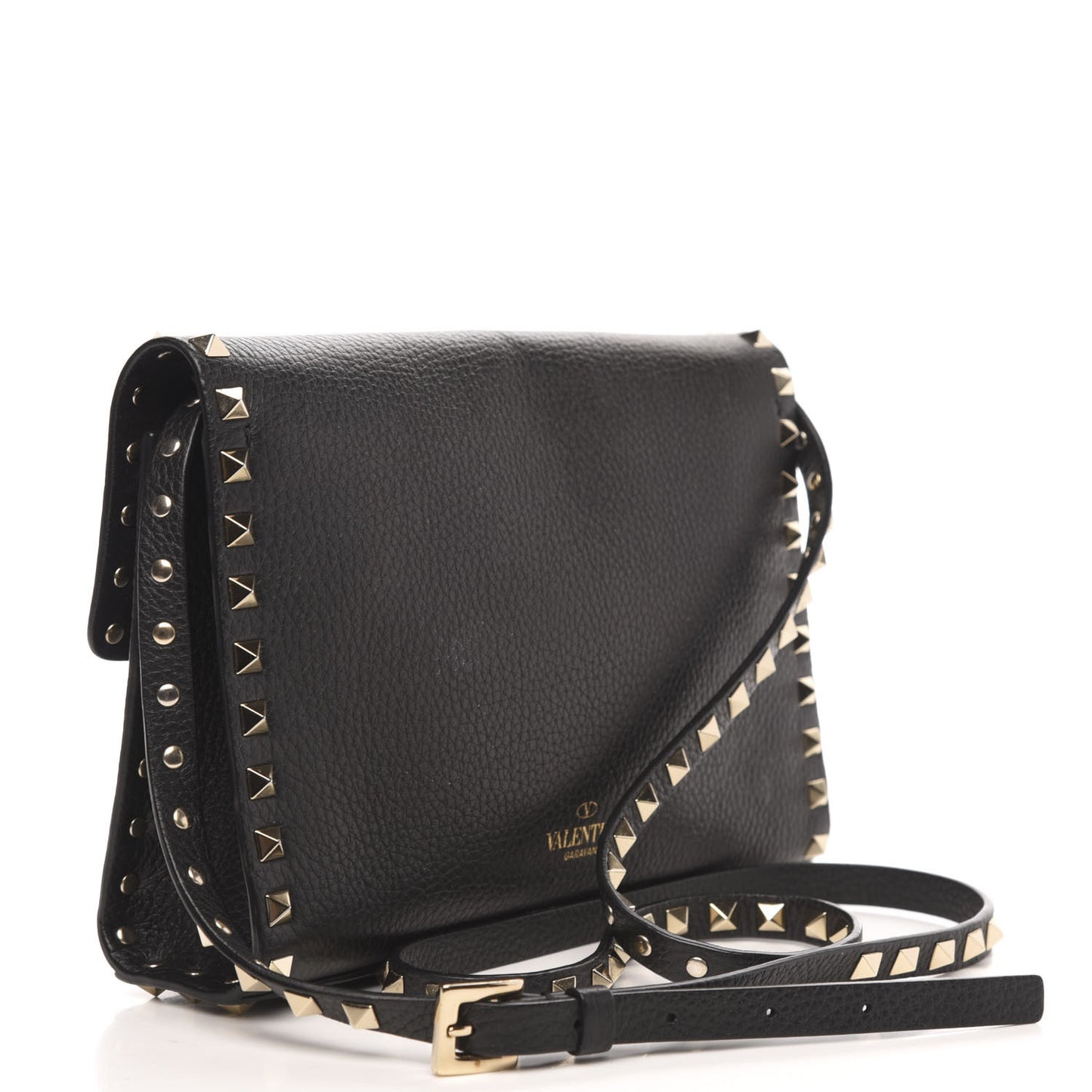 Pebbled Calfskin Medium Rockstud Flip Lock Crossbody Bag Black