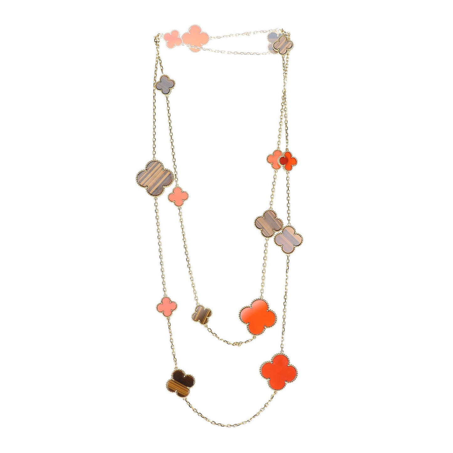 18K Gold Tiger Eye Carnelian 16 Motifs Magic Alhambra Necklace