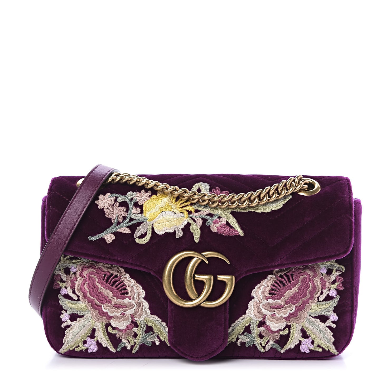 Velvet Matelasse Embroidered Small GG Marmont Shoulder Bag Fuchsia Violet Cyclamen