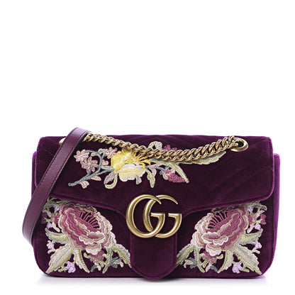 Gucci Velvet Matelasse Embroidered Small GG Marmont Shoulder Bag Fuchsia Violet Cyclamen 1 of 10