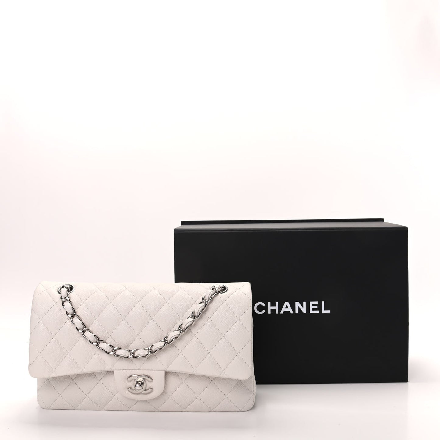 Caviar Quilted Medium Double Flap White