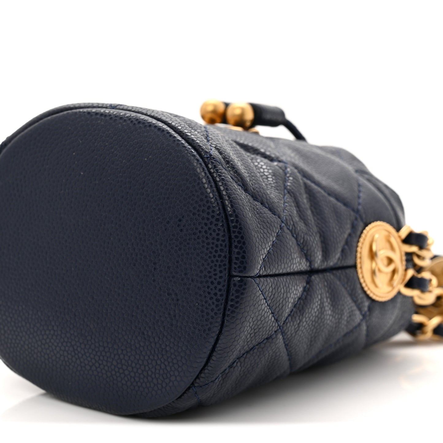 Caviar Quilted Twist Your Buttons Mini Bucket Bag Navy