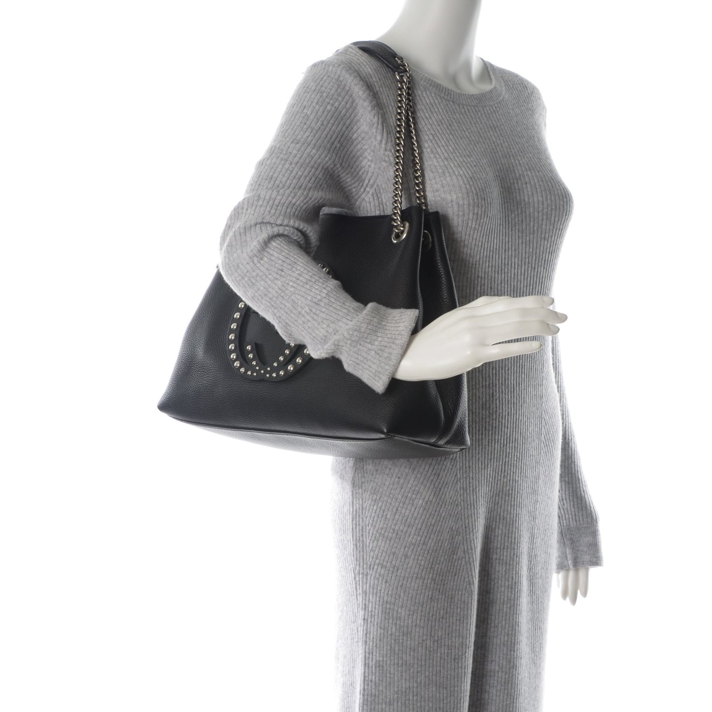 Pebbled Calfskin Studded Medium Soho Chain Shoulder Bag Black