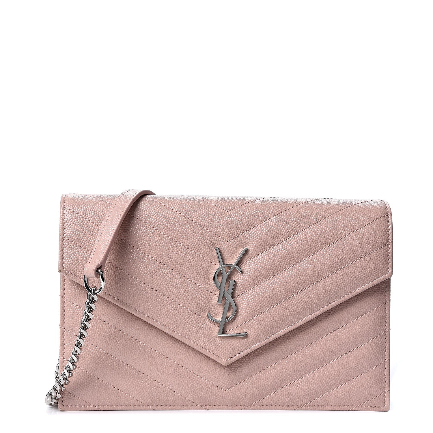 Saint Laurent Grain De Poudre Matelasse Chevron Monogram Envelope Chain Wallet Pale Pink 1 of 9