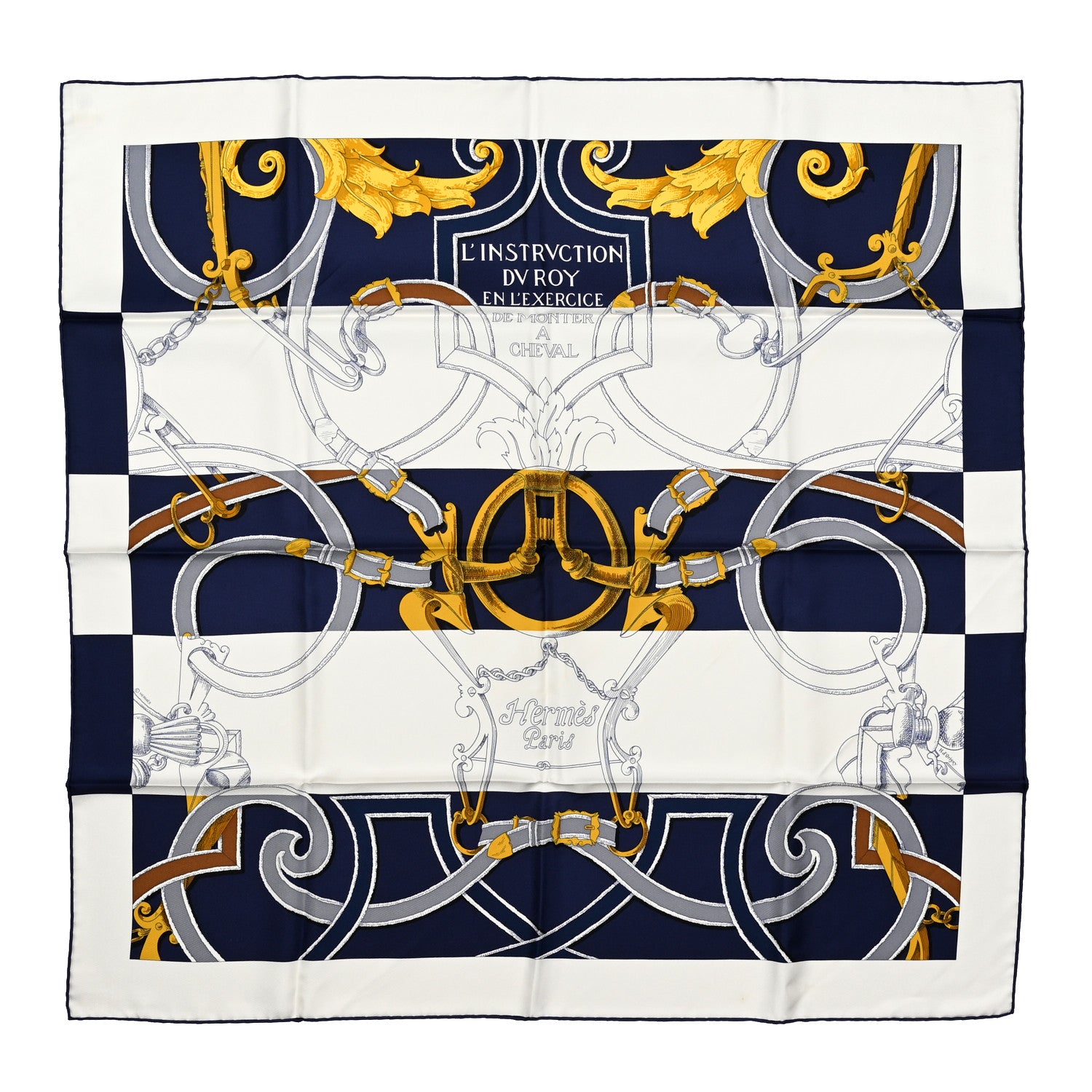 Hermes Silk L Instruction Du Roy Scarf 90 Marine White Or 1 of 6