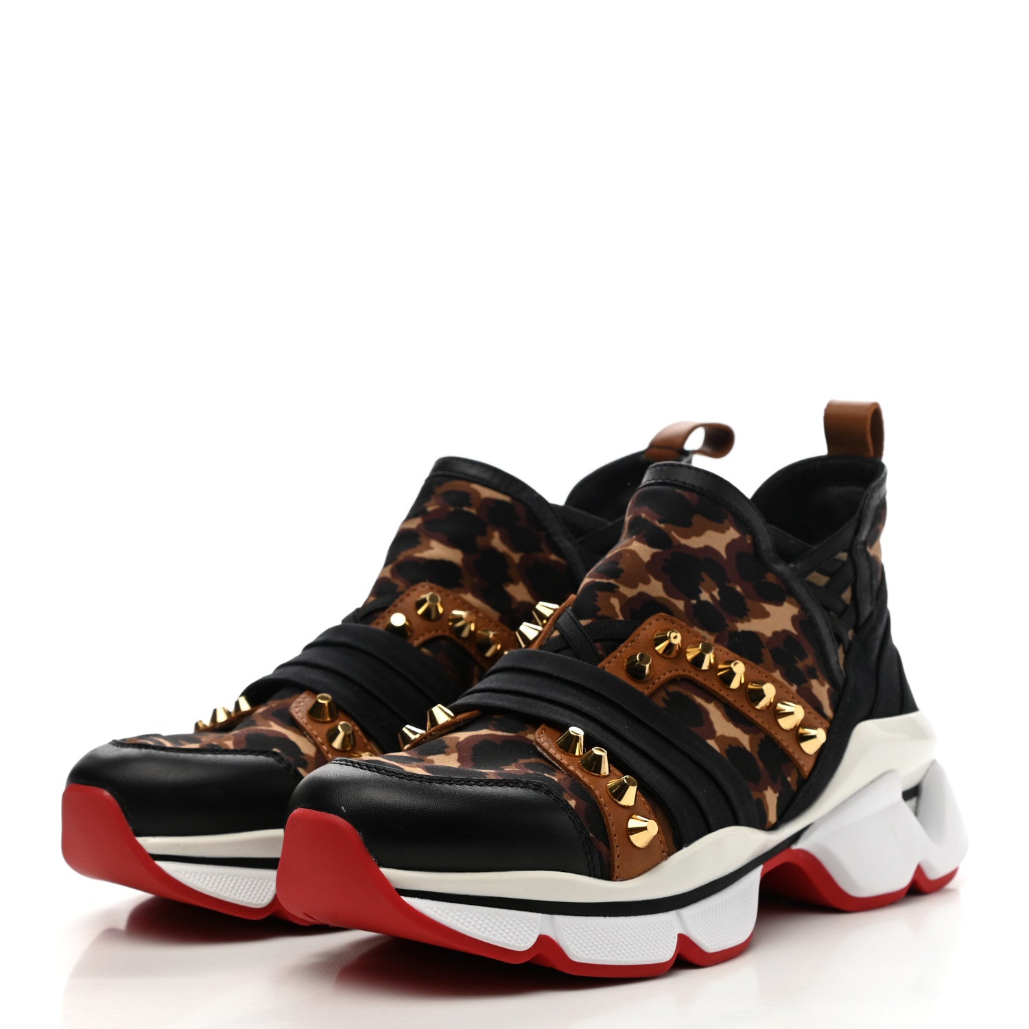 Christian Louboutin Calfskin Neoprene Leopard Studded Donna Flat Sneakers 35.5 Black Marron 3 of 10