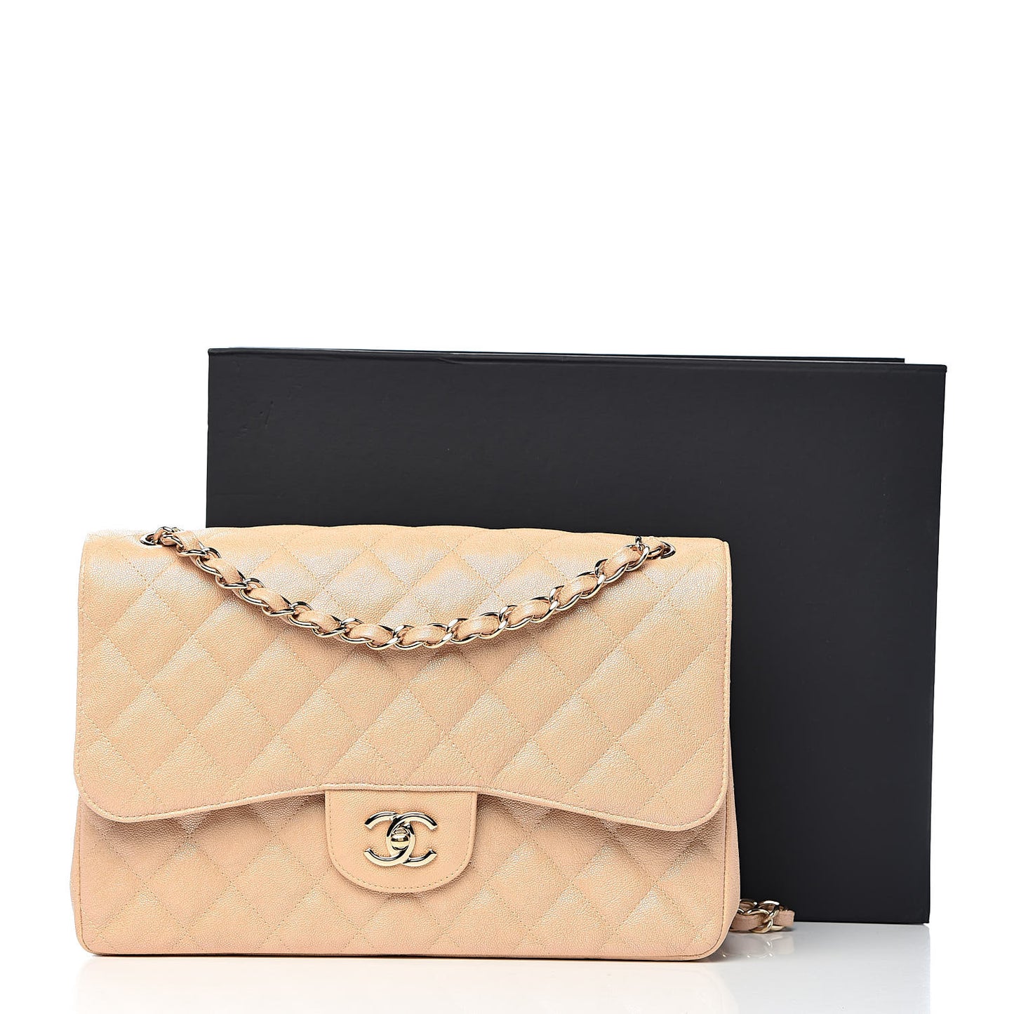 Iridescent Caviar Quilted Jumbo Double Flap Beige