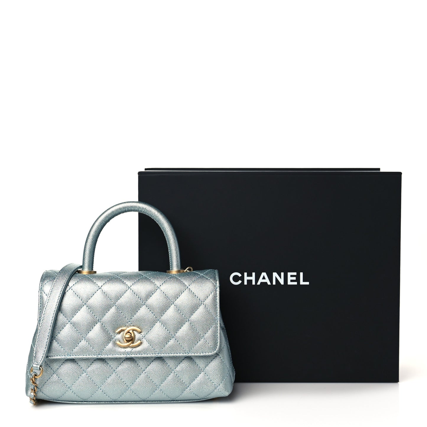 Metallic Caviar Quilted Mini Coco Handle Flap Light Blue