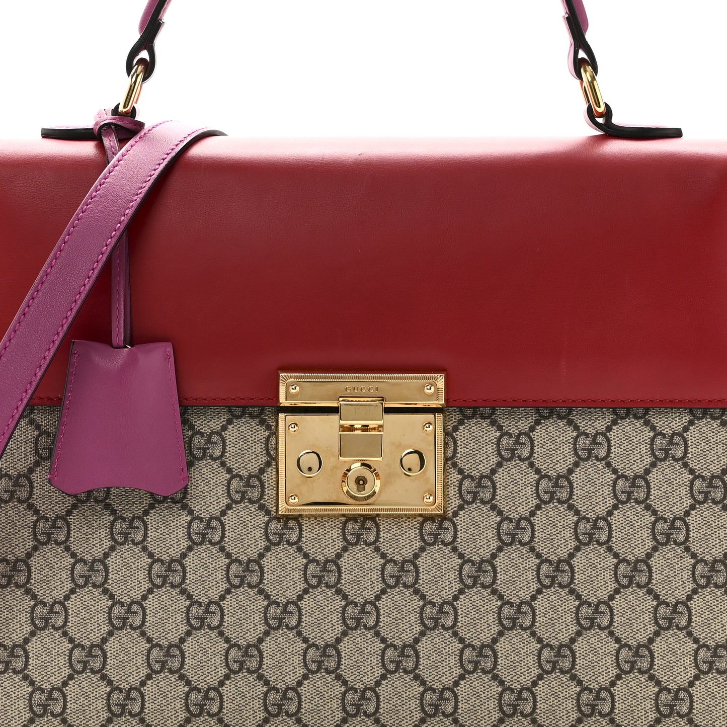 GG Supreme Monogram Calfskin Medium Padlock Top Handle Bag Beige Hibiscus Red New Rosette
