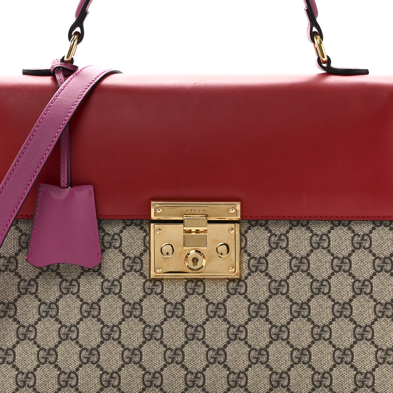 Gucci GG Supreme Monogram Calfskin Medium Padlock Top Handle Bag Beige Hibiscus Red New Rosette 8 of 10