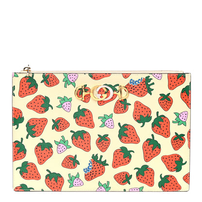 Gucci Calfskin Strawberry Print Zumi Pouch Ivory Red 1 of 7