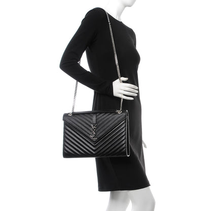 Saint Laurent Grain De Poudre Matelasse Chevron Large Monogram Satchel Black 2 of 8