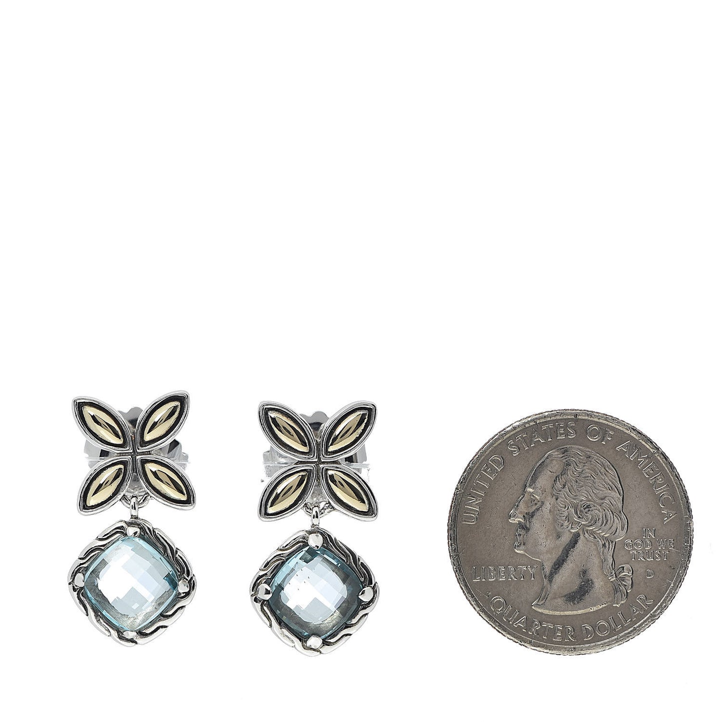 Sterling Silver 18K Yellow Gold Blue Topaz Batu Kawung Drop Earrings