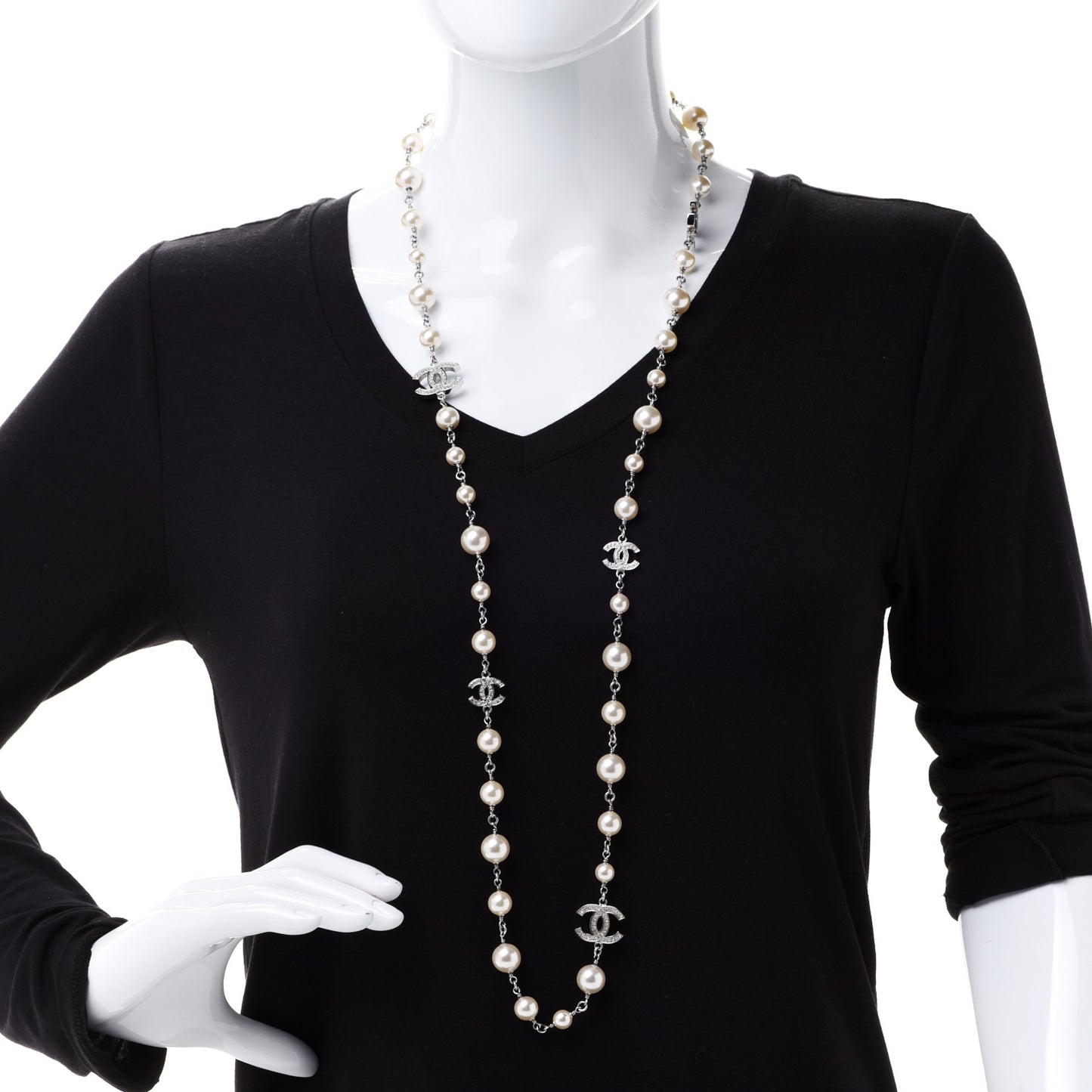 Crystal Pearl CC Long Necklace Silver
