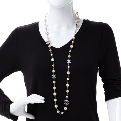 Chanel Crystal Pearl CC Long Necklace Silver 2 of 6