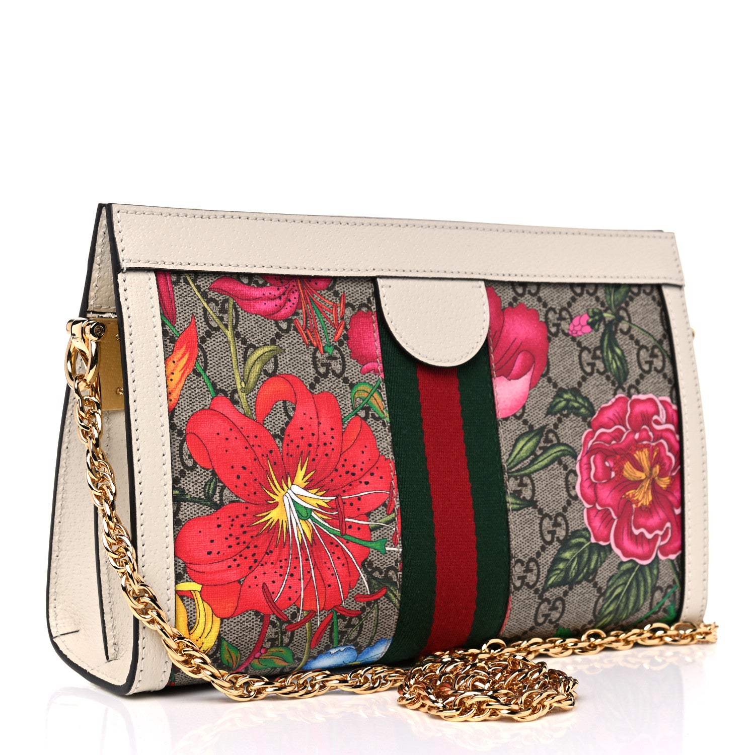 Gucci GG Supreme Monogram Flora Web Small Ophidia Chain Shoulder Bag White 3 of 11