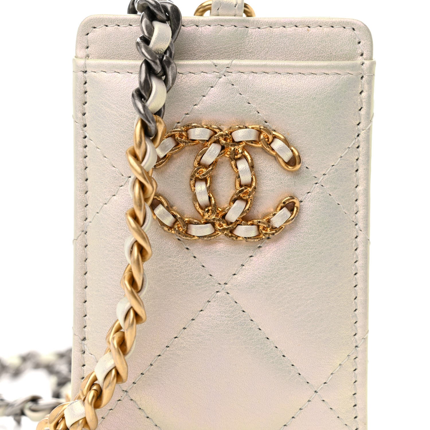 Chanel Iridescent Calfskin Quilted Chanel 19 Card Holder On Chain White 9 of 12