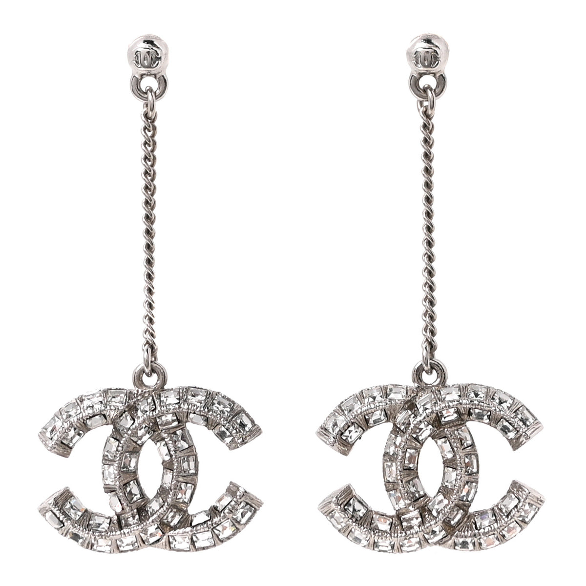Chanel Baguette Crystal CC Drop Earrings Silver 1 of 5