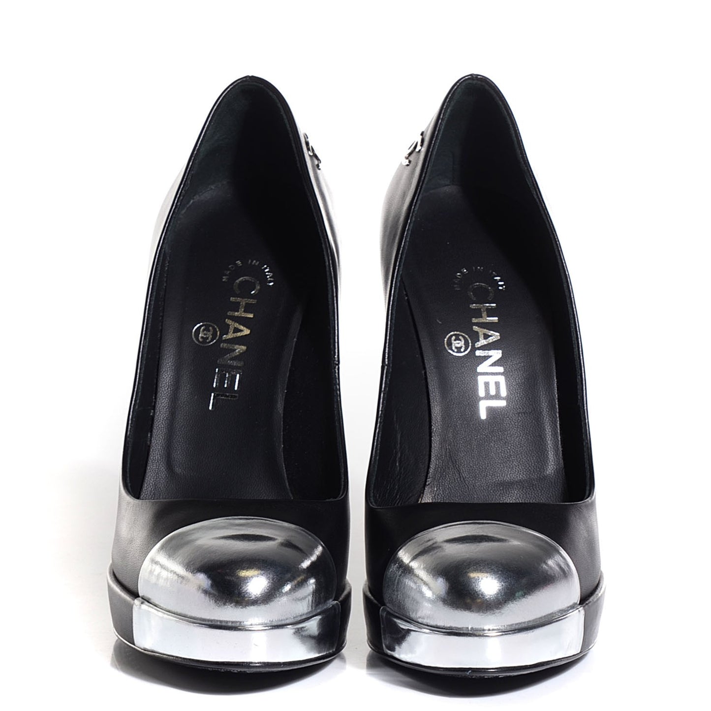 Calfskin Silver Cap Toe CC Pumps 38 Black