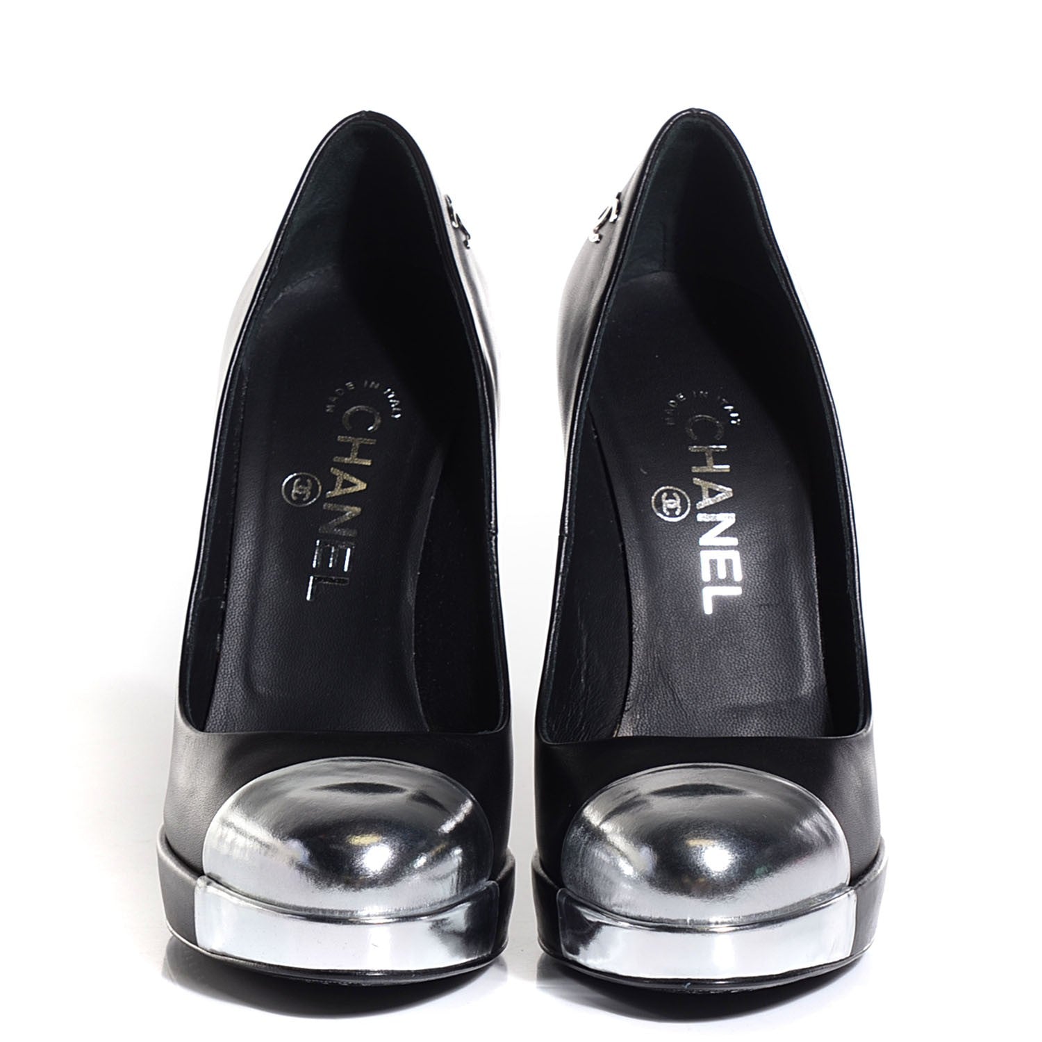 Chanel Calfskin Silver Cap Toe CC Pumps 38 Black 2 of 8