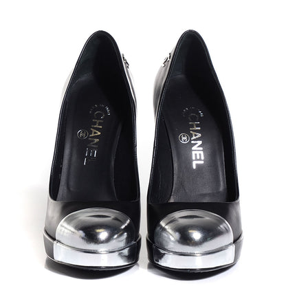 Chanel Calfskin Silver Cap Toe CC Pumps 38 Black 2 of 8