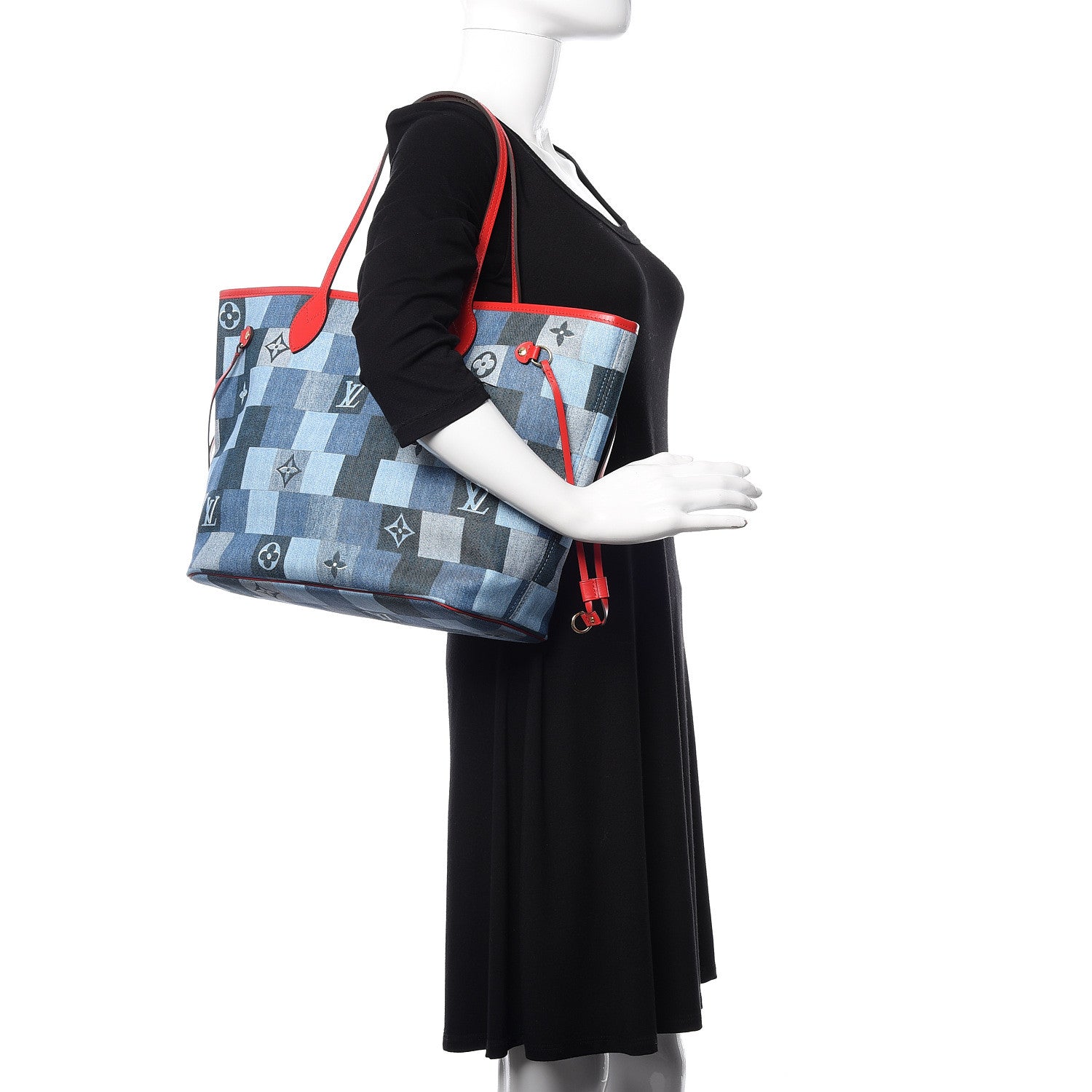 Louis Vuitton Denim Damier Monogram Patchwork Neverfull Blue Rouge 2 of 10