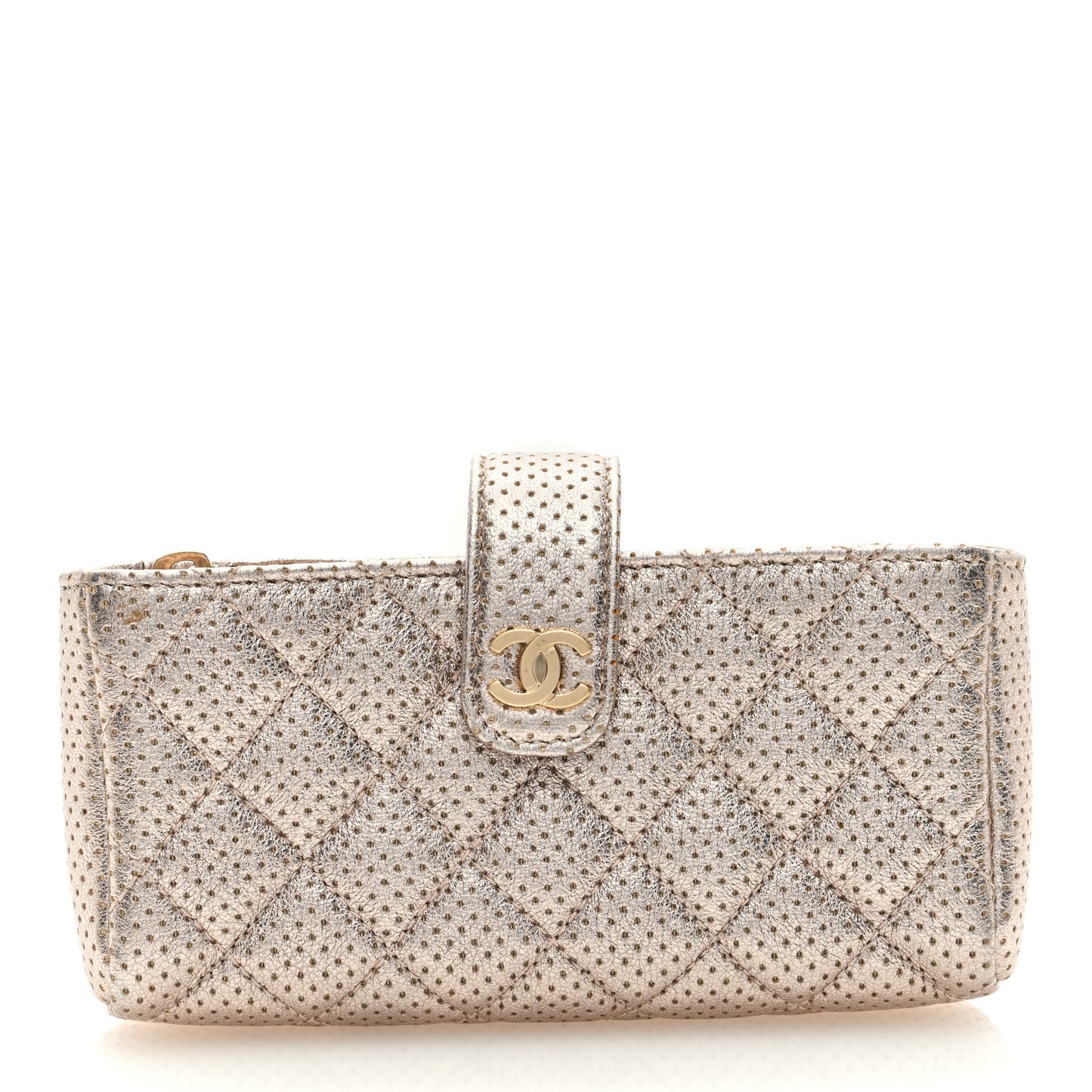Perforated Lambskin Quilted Mini Phone Holder Clutch Gold