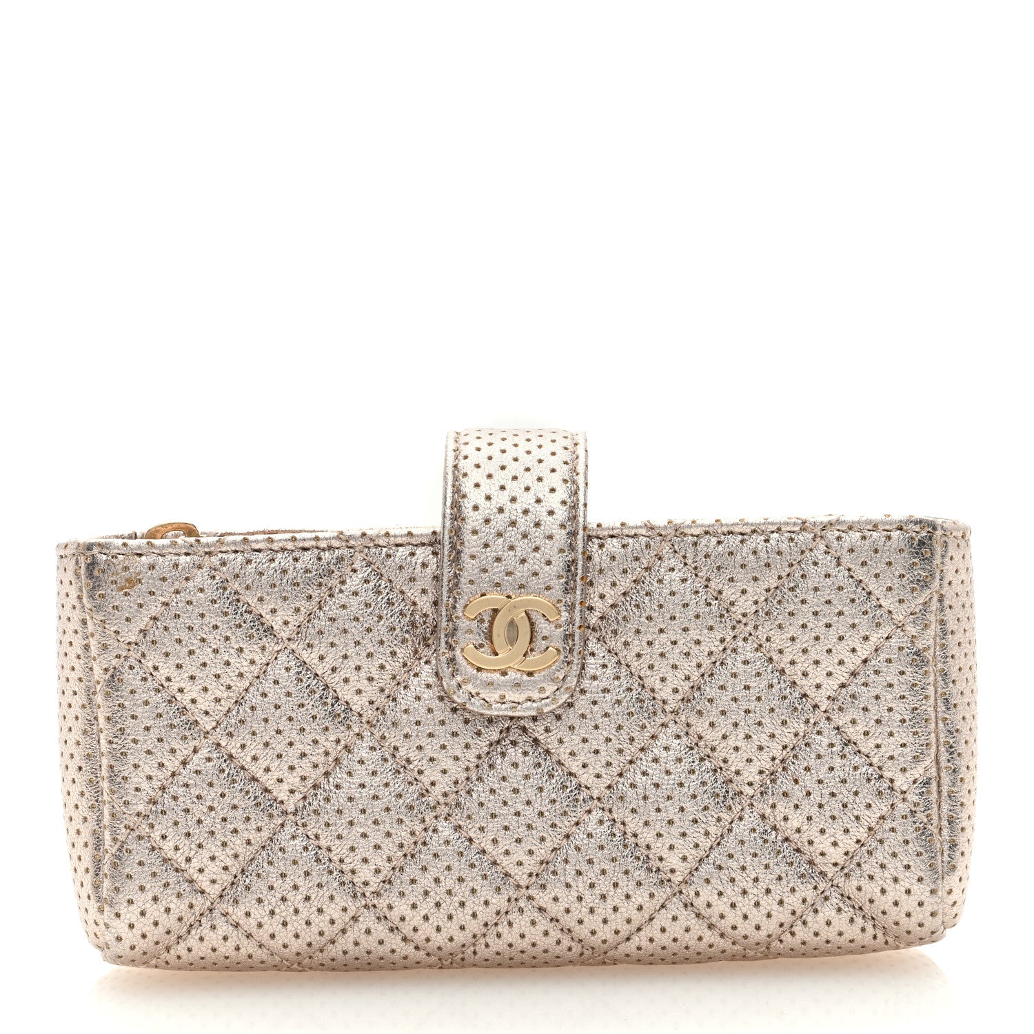 Chanel Perforated Lambskin Quilted Mini Phone Holder Clutch Gold 1 of 8