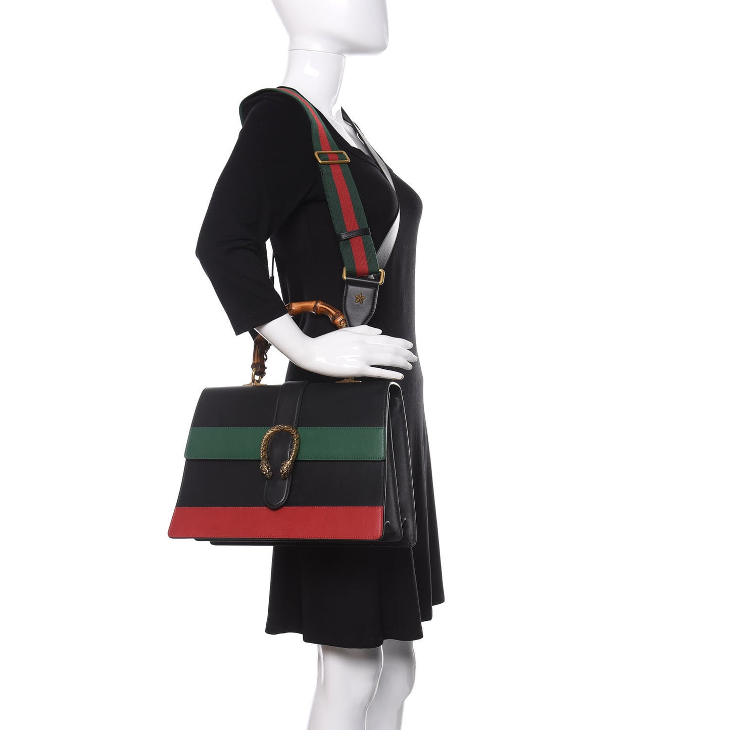 Calfskin Bamboo Web Large Dionysus Top Handle Bag Black Bright Evergreen Hibiscus Red