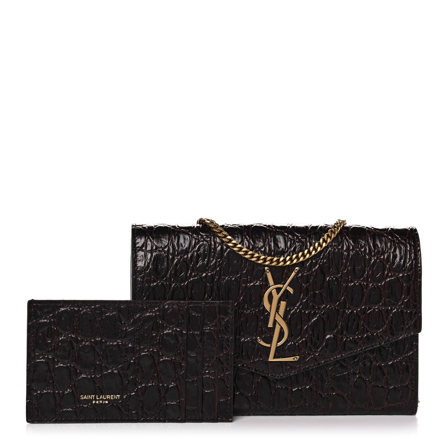 Saint Laurent Calfskin Crocodile Embossed Monogram Uptown Chain Wallet Fondente 1 of 11