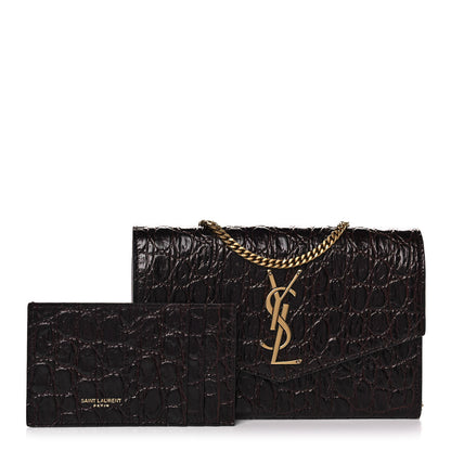 Saint Laurent Calfskin Crocodile Embossed Monogram Uptown Chain Wallet Fondente 1 of 11