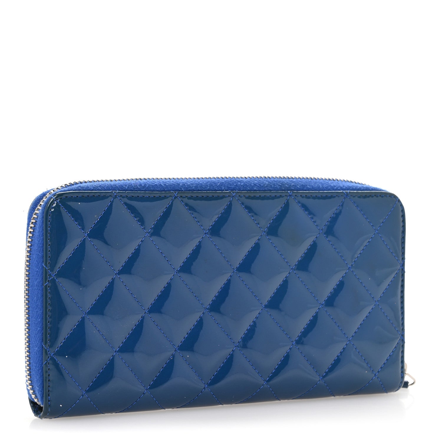 Chanel Patent Calfskin Quilted Large Gusset Zip Around Wallet Blue 3 of 10