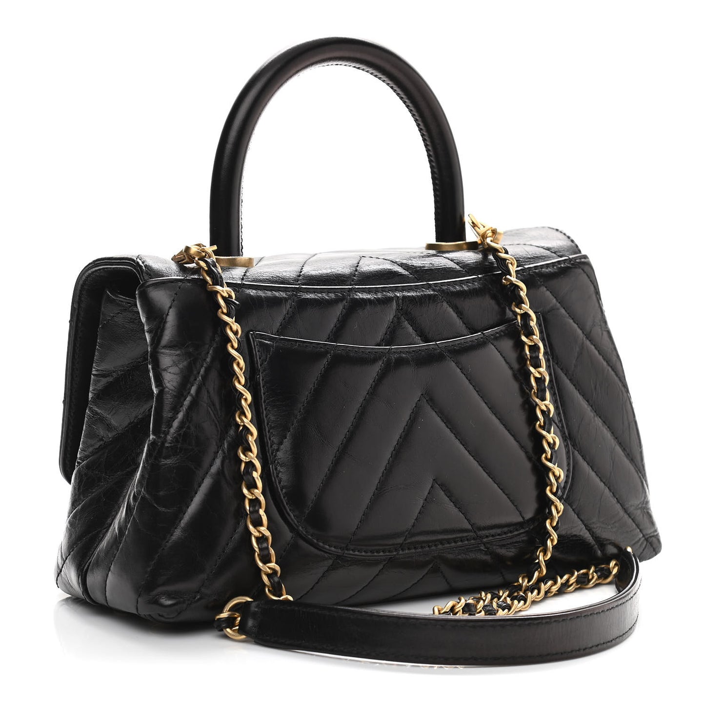 Aged Calfskin Chevron Quilted Mini Coco Handle Flap Black