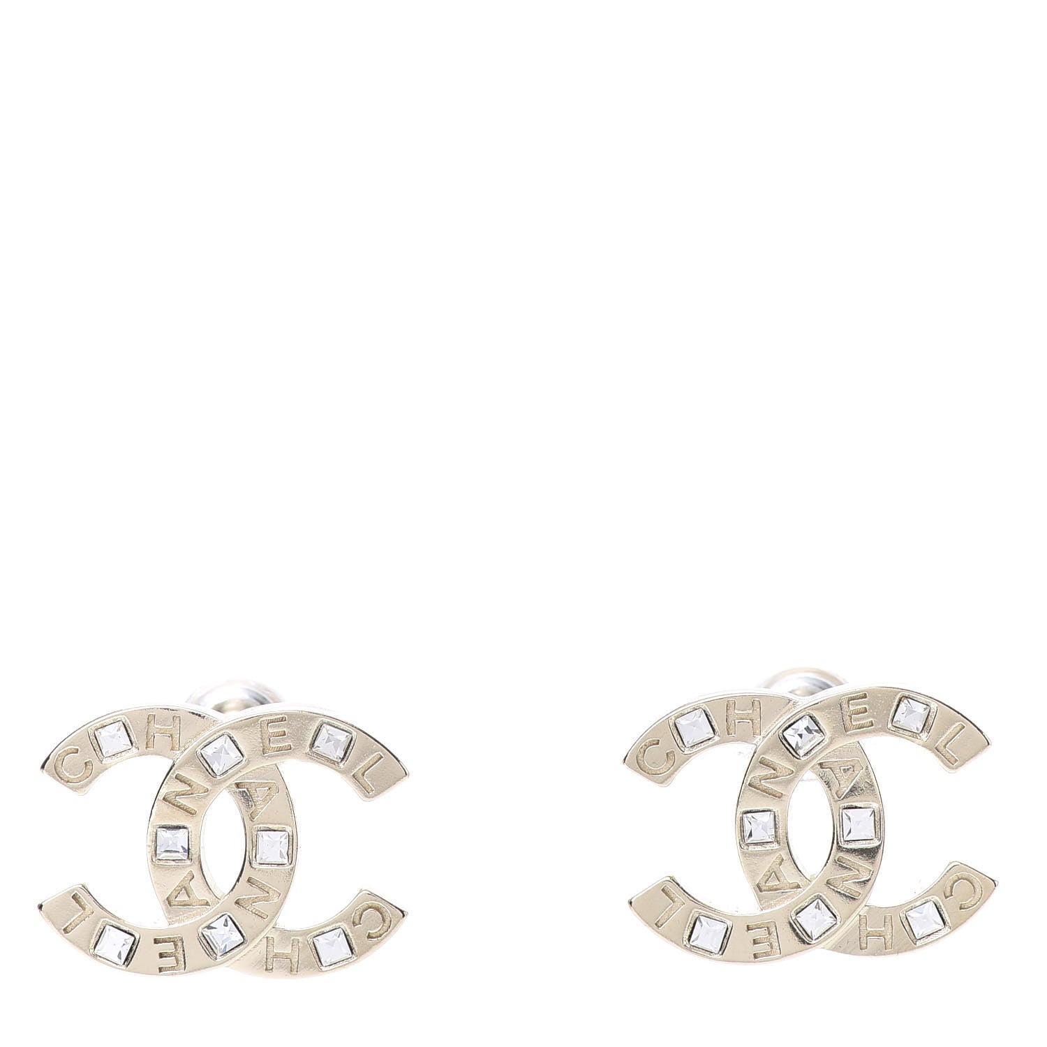 Chanel Crystal Metal CC Paris Button Stud Earrings Gold 1 of 5