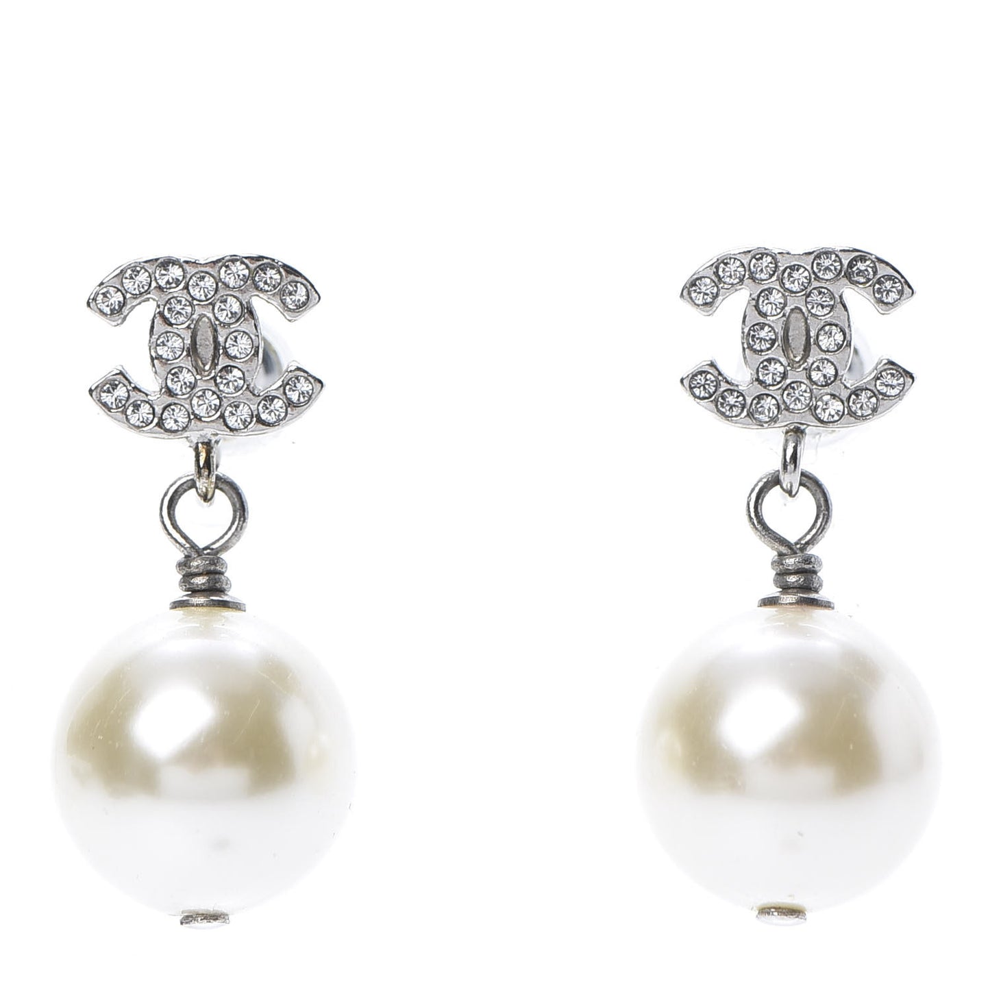 Crystal Pearl CC Drop Earrings Silver Pearly White