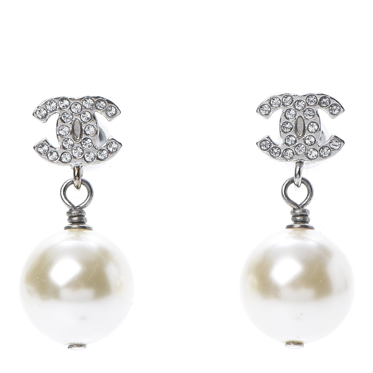 Chanel Crystal Pearl CC Drop Earrings Silver Pearly White 1 of 5