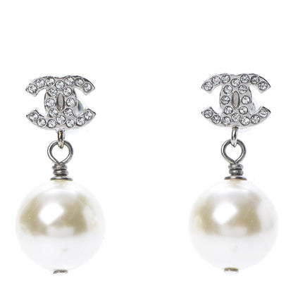 Chanel Crystal Pearl CC Drop Earrings Silver Pearly White 1 of 5